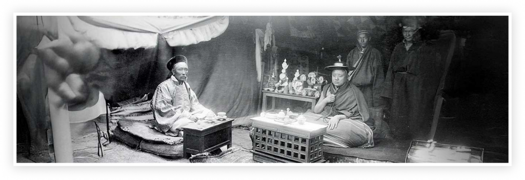 White made albums for the 9th Panchen Lama, Thupten Chökyi Nyima, Badula (shown here with the Head Monk under the Panchen Lama or Tashi Lama), the Ganden Tripa Lobsang Gyaltshen one each for the four Shapés and a copy for the Bhutanese representative the Tongsa Penlop Ugyen Wangchuk. He also created an album for the Chinese Amban, Yu Tai.