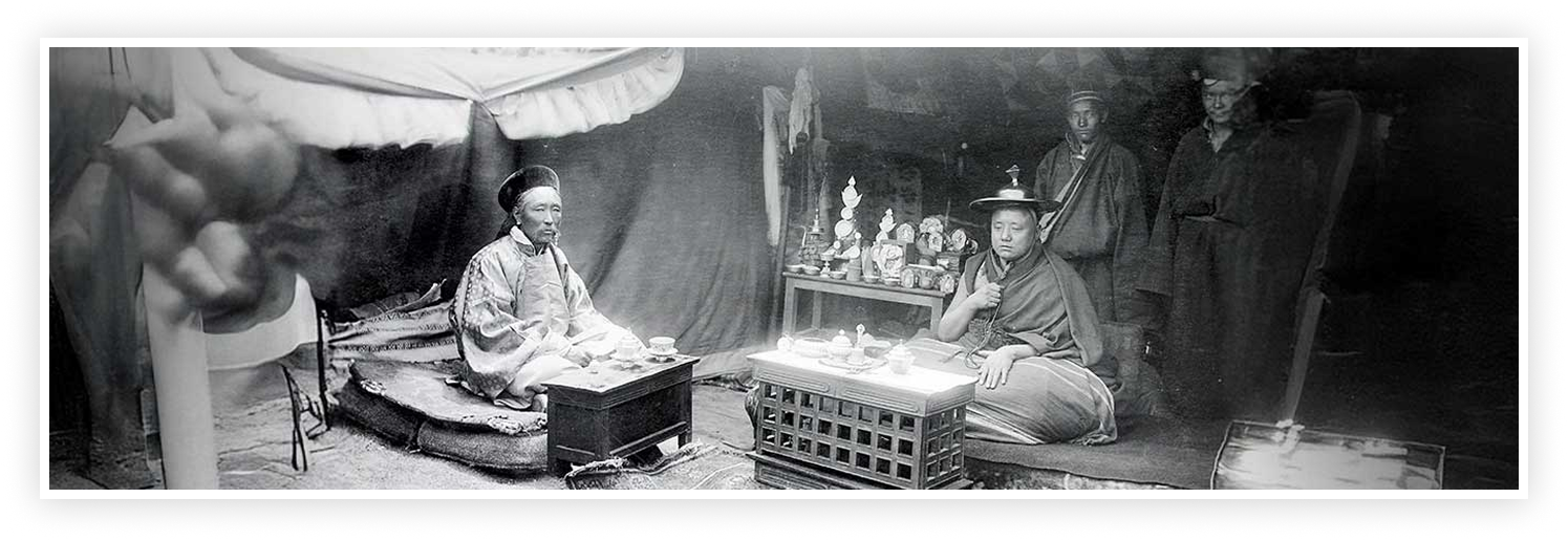 White made albums for the 9th Panchen Lama, Thupten Chökyi Nyima, Badula (shown here with the Head Monk under the Panchen Lama or Tashi Lama), the Ganden Tripa Lobsang Gyaltshen one each for the four Shapés and a copy for the Bhutanese representative the Tongsa Penlop Ugyen Wangchuk. He also created an album for the Chinese Amban, Yu Tai.